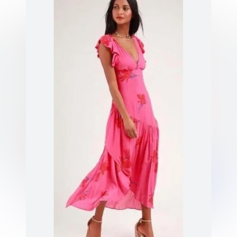 Free People Hot Pink Floral Waterfall‎ Floral Ruffle Maxi Dress. Size 2